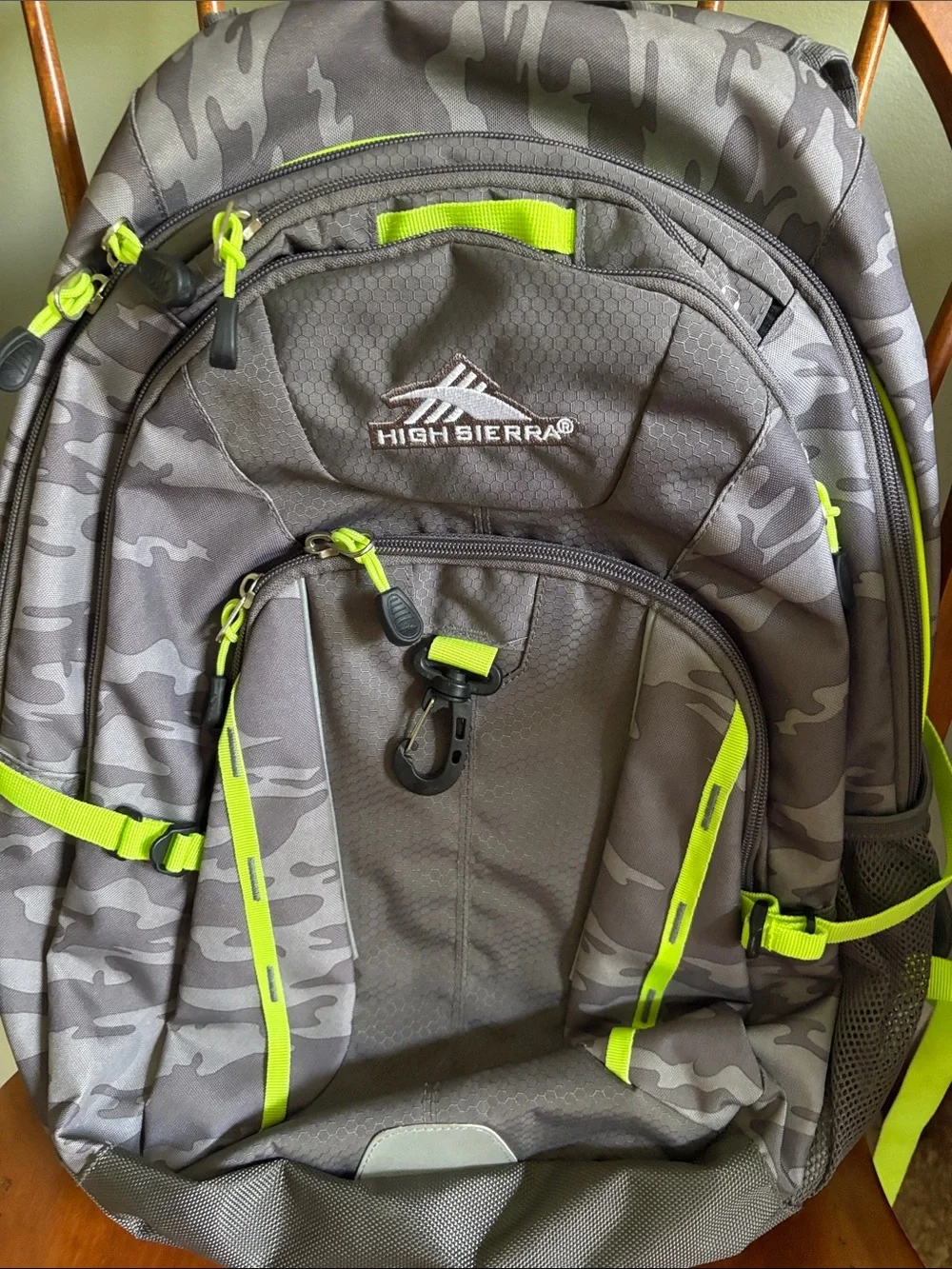 High Sierra Gray Camo Backpack with Neon Yellow Accents, Like New!